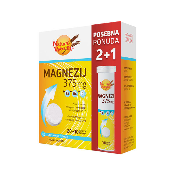 Natural Wealth Magnezij 375 mg + B1 + B6 + C 20+10 šumećih tableta promo pakiranje
