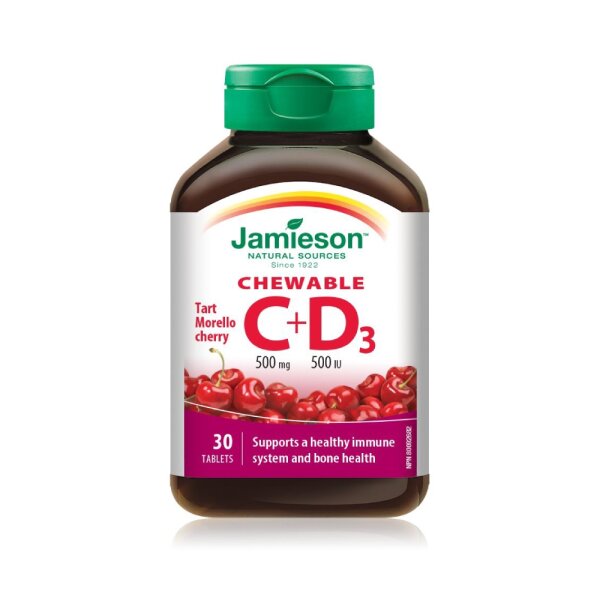 Jamieson vitamin C 500 mg + D 500 IU 30 tableta za žvakanje s okusom trešnje
