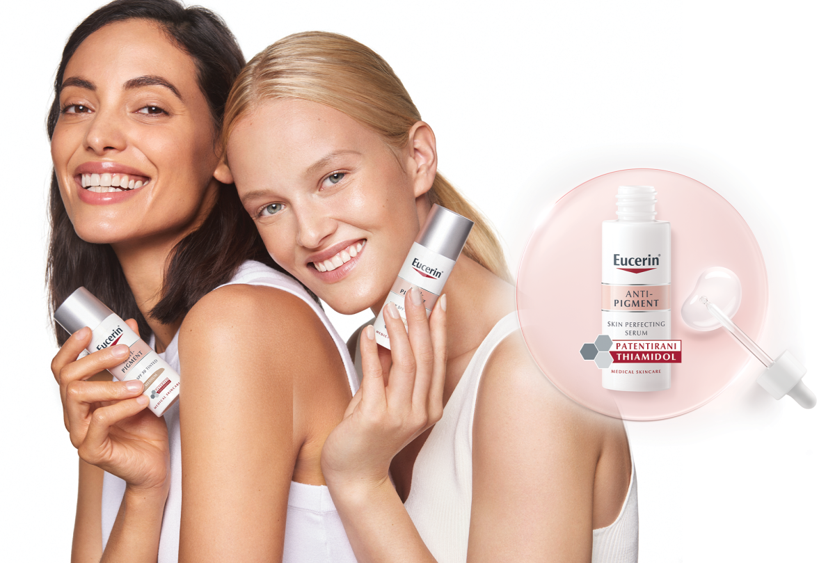 Dvije žene drže Eucerin Anti-Pigment proizvod protiv hiperpigmentacije
